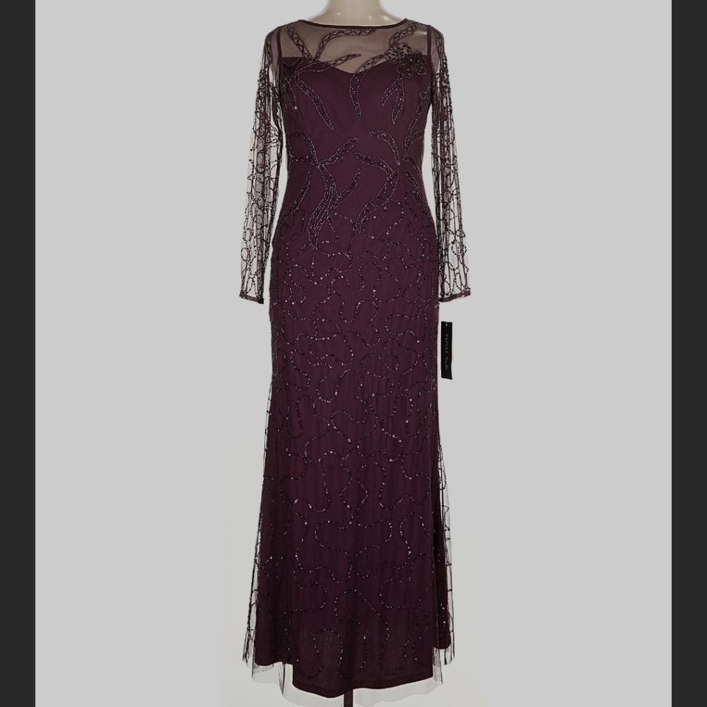 Adrianna Papell Long Sleeve Beaded Gown in Plum